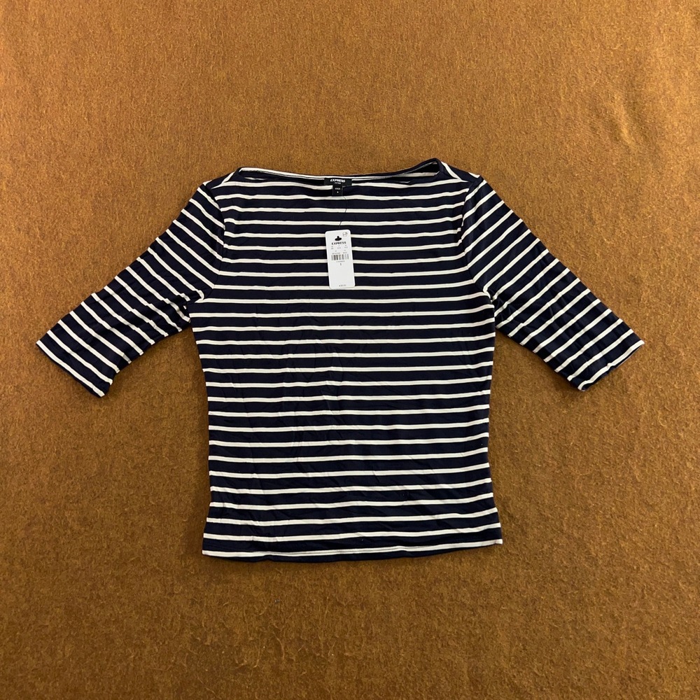 Express Womens Size Small Navy Blue White Striped Boat Neck Elbow Sleeve Top NWT